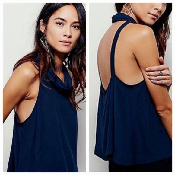 🔹️NWT Free People Blue Rayon Cowl Neck Open Back Sleeveless Top Large - Picture 1 of 11